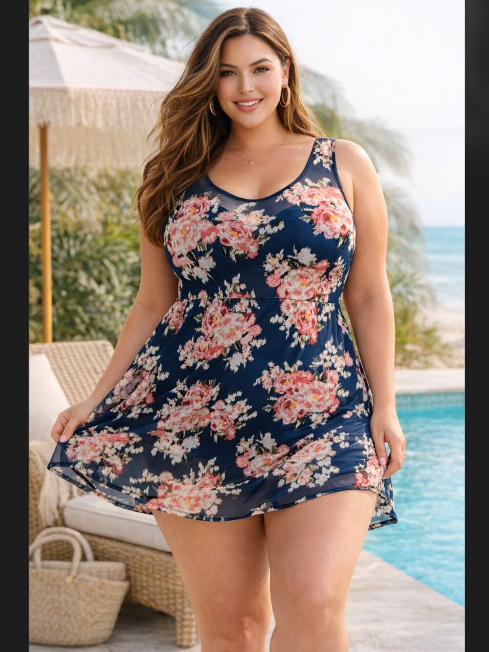 Torrid Swim Dress 1X DD DDD Blue Floral Mesh Overlay Underwire UPF Resort Summer